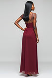 A Line Spaghetti Straps Long Burgundy Wedding Guest Dress