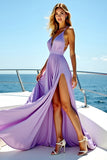 V-Neck A Line Long Purple Wedding Guest Dress With Slit