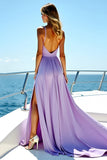 V-Neck A Line Long Purple Wedding Guest Dress With Slit