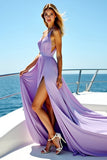 V-Neck A Line Long Purple Wedding Guest Dress With Slit