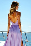 V-Neck A Line Long Purple Wedding Guest Dress With Slit