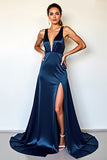 Navy V-Neck A Line Long Formal Dress With Slit