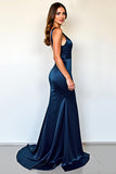 Navy V-Neck A Line Long Formal Dress With Slit