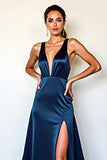 Navy V-Neck A Line Long Formal Dress With Slit