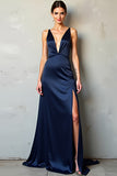 V-Neck Cross Back A Line Long Navy Formal Dress With Slit