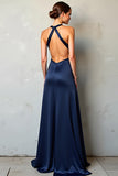 V-Neck Cross Back A Line Long Navy Formal Dress With Slit