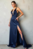 V-Neck Cross Back A Line Long Navy Formal Dress With Slit