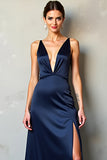 V-Neck Cross Back A Line Long Navy Formal Dress With Slit