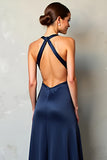 V-Neck Cross Back A Line Long Navy Formal Dress With Slit