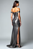 Grey Mermaid Off The Shoulder Long Formal Dress With Slit