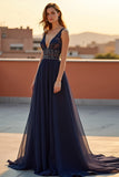 Navy Beaded Spaghetti Straps Long Formal Dress