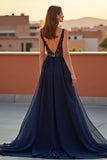 Navy Beaded Spaghetti Straps Long Formal Dress