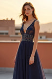 Navy Beaded Spaghetti Straps Long Formal Dress