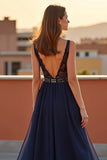 Navy Beaded Spaghetti Straps Long Formal Dress