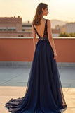 Navy Beaded Spaghetti Straps Long Formal Dress