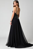 Black A Line Beaded Spaghetti Straps Long Formal Dress