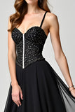 Black A Line Beaded Spaghetti Straps Long Formal Dress