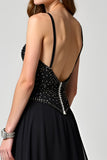 Black A Line Beaded Spaghetti Straps Long Formal Dress