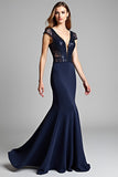 Sequined Navy Mermaid Deep V Neck Formal Dress with Cap Sleeves