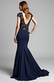 Sequined Navy Mermaid Deep V Neck Formal Dress with Cap Sleeves