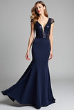 Sequined Navy Mermaid Deep V Neck Formal Dress with Cap Sleeves