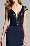 Sequined Navy Mermaid Deep V Neck Formal Dress with Cap Sleeves