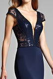 Sequined Navy Mermaid Deep V Neck Formal Dress with Cap Sleeves