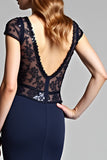 Sequined Navy Mermaid Deep V Neck Formal Dress with Cap Sleeves