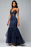 Navy Spaghetti Straps Sequin Backless Mermaid Formal Dress