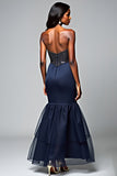 Navy Spaghetti Straps Sequin Backless Mermaid Formal Dress