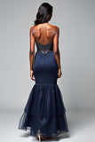 Navy Spaghetti Straps Sequin Backless Mermaid Formal Dress