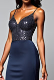 Navy Spaghetti Straps Sequin Backless Mermaid Formal Dress