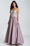 Purple Spaghetti Straps Lace A Line Prom Dress