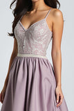 Purple Spaghetti Straps Lace A Line Prom Dress