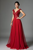 Dark Red Cap Sleeve Beaded Lace A Line Formal Dress