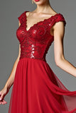 Dark Red Cap Sleeve Beaded Lace A Line Formal Dress