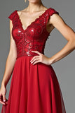 Dark Red Cap Sleeve Beaded Lace A Line Formal Dress