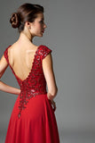 Dark Red Cap Sleeve Beaded Lace A Line Formal Dress