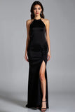 Mermaid Halter Backless Black Tie Dress With Slit