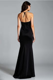 Mermaid Halter Backless Black Tie Dress With Slit