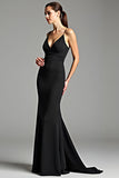 Mermaid V-Neck Ruched Long Black Tie Dress