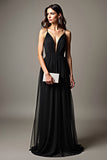 A Line Deep V-Neck Chiffon Black Tie Dress