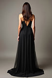 A Line Deep V-Neck Chiffon Black Tie Dress