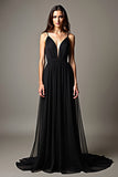 A Line Deep V-Neck Chiffon Black Tie Dress