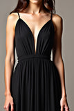 A Line Deep V-Neck Chiffon Black Tie Dress