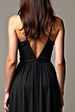 A Line Deep V-Neck Chiffon Black Tie Dress