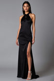 Simple Black Sheath Halter Long Black Tie Dress with Slit