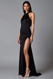 Simple Black Sheath Halter Long Black Tie Dress with Slit