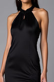 Simple Black Sheath Halter Long Black Tie Dress with Slit