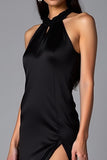 Simple Black Sheath Halter Long Black Tie Dress with Slit